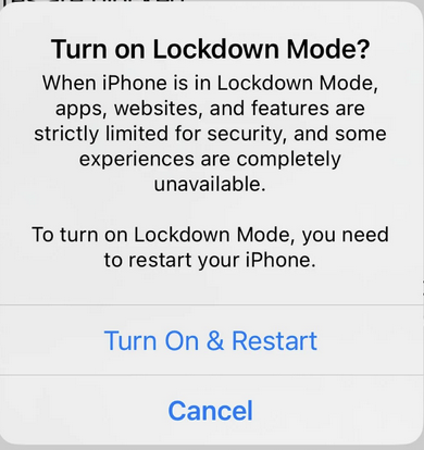 iOS Lockdown Mode confirmation dialog