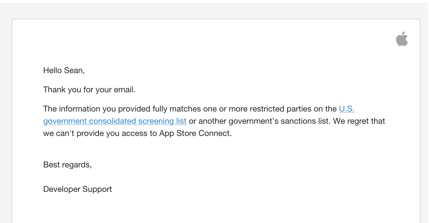 Apple Developer Support email stating that the information provided fully matches one or more restricted parties on a U.S. government screening list.