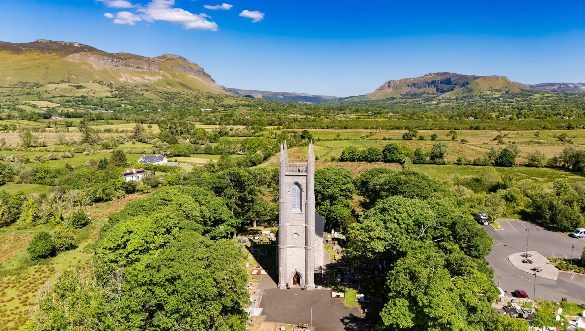 Aerial view of Drumcliffe, County Sligo, with Ben Bulben and surrounding countryside.