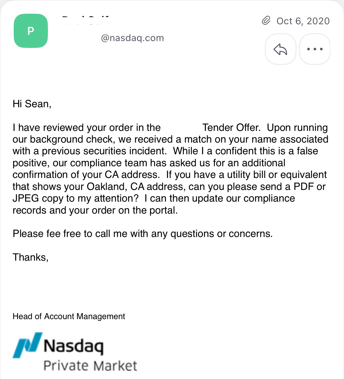 Nasdaq email stating that a background check produced a name match.