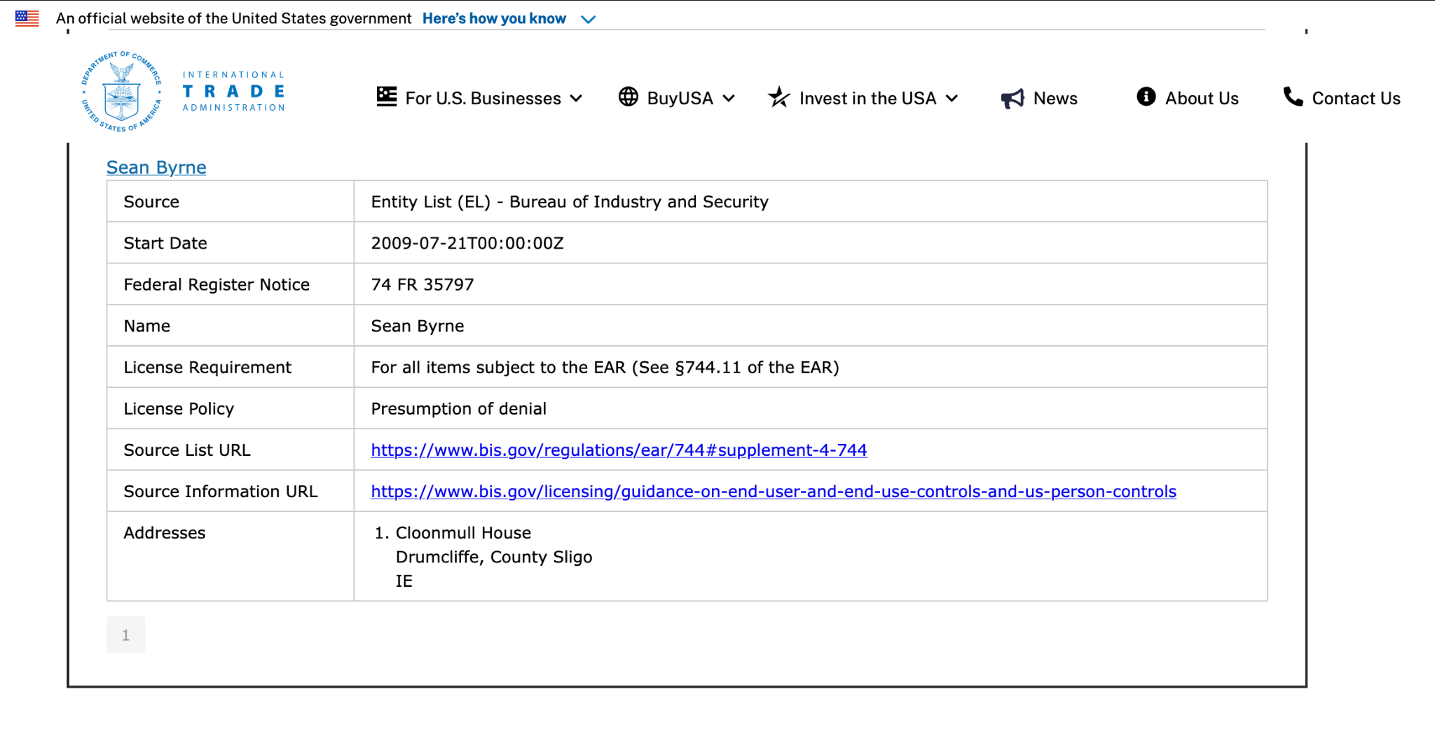 U.S. government Consolidated Screening List result showing Sean Byrne on the Bureau of Industry and Security Entity List at an address in Drumcliffe, County Sligo.